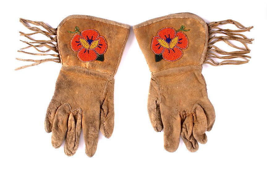 Appraisal: Montana Crow Floral Beaded Gauntlet Gloves c The lot features