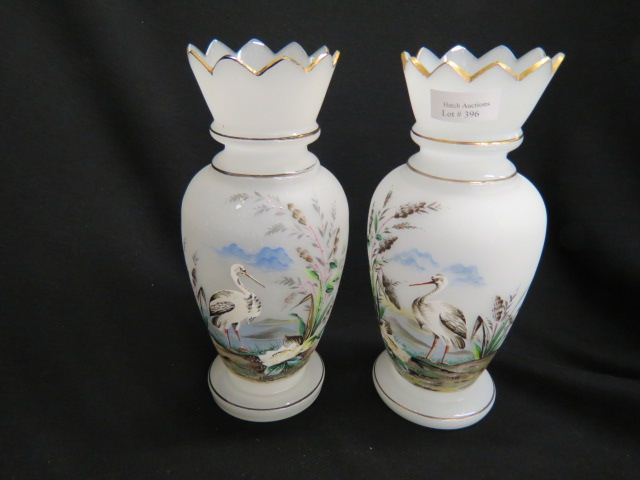 Appraisal: Pair of Victorian Bristol Glass Vases handpainted heron foliage decor