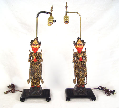 Appraisal: PAIR EASTERN COIN LACQUER FIGURAL LAMPS Figures are constructed of