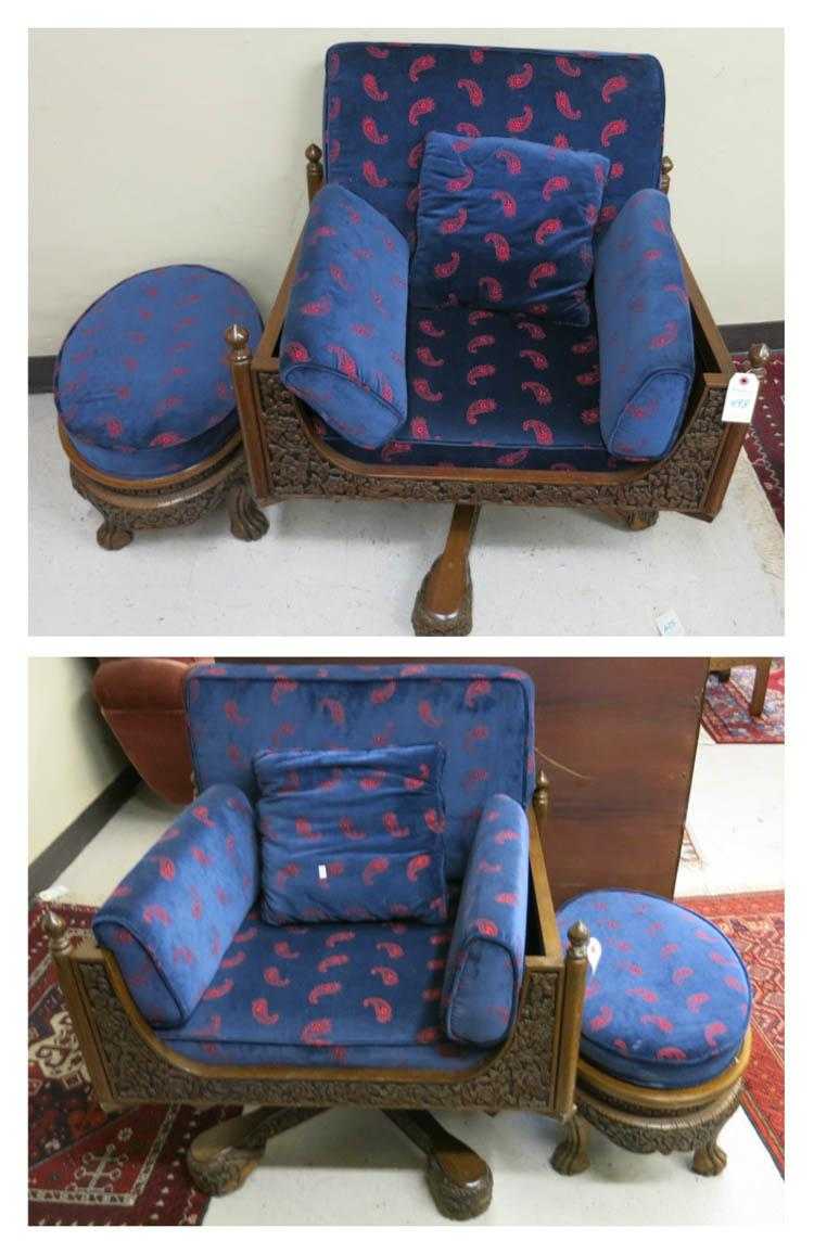 Appraisal: A PAIR OF CARVED TEAKWOOD SWIVEL ARMCHAIRS WITH MATCHING FOOTSTOOLS