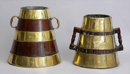 Appraisal: TWO ENGLISH GRADUATED BRASS-BANDED OAK MILK JUGS Each of flared