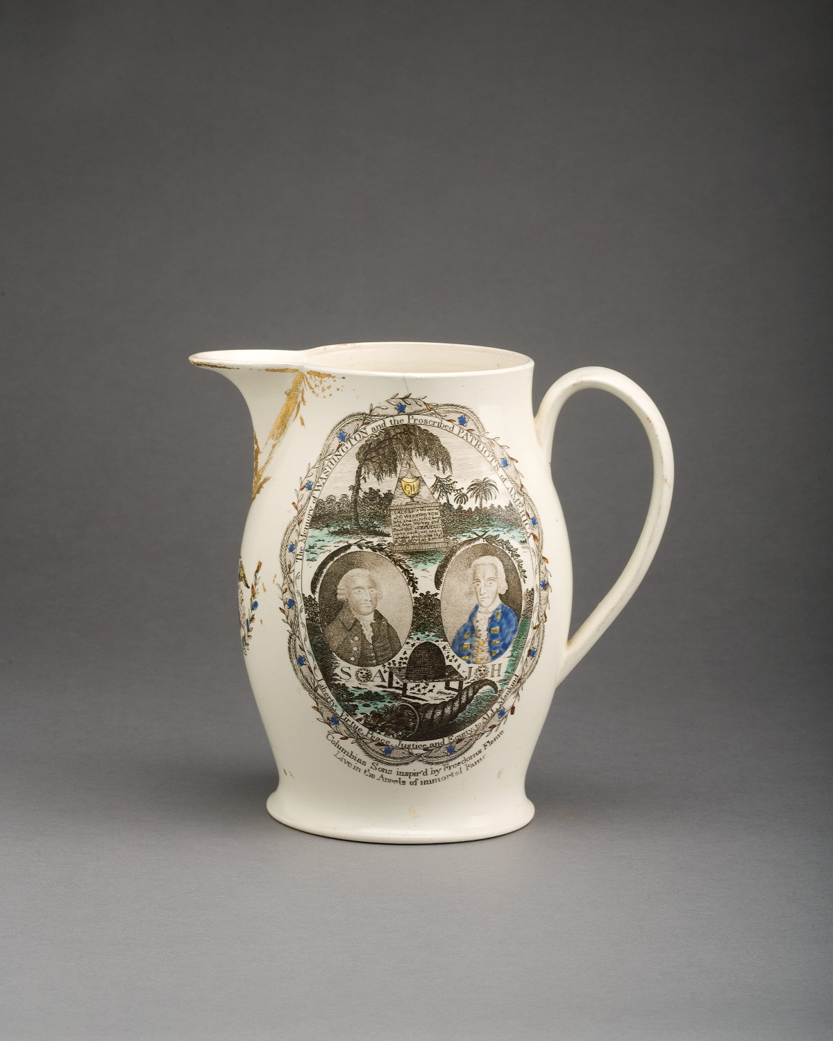 Appraisal: ENGLISH CREAMWARE ENAMEL-DECORATED AND BLACK TRANSFER-PRINTED JUG PROBABLY STAFFORDSHIRE CIRCA