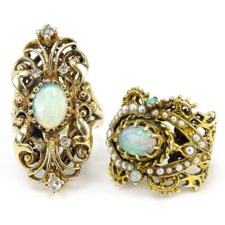 Appraisal: Two Vintage Karat Yellow Gold and Opal Rings One with