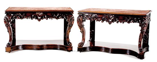 Appraisal: Pair Chinese Export rosewood and marbletop console tables circa rectangular