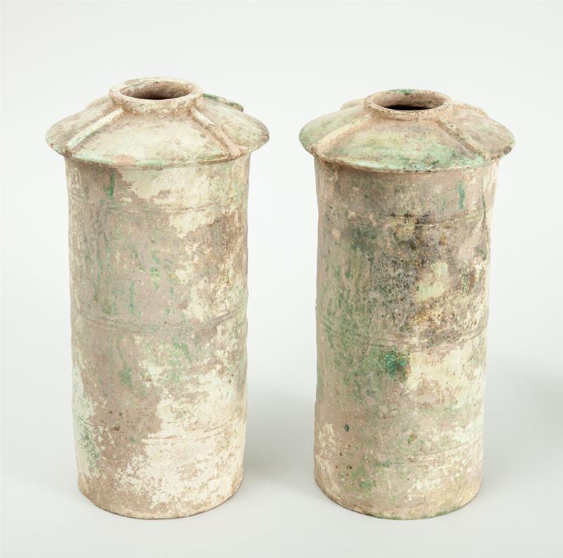 Appraisal: PAIR OF HAN TYPE PART GREEN-GLAZED JARS Each ringed cylindrical