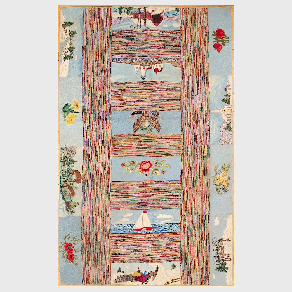 Appraisal: American Scenic Hooked Rug Unlined made in sections ft x