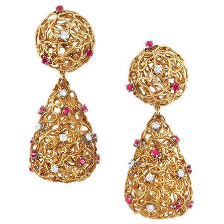 Appraisal: Pair of Gold Diamond and Ruby Pendant-Earrings Estimate -