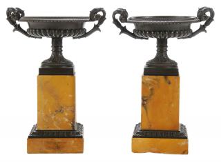 Appraisal: Pair Neoclassical Green Patinated Bronze and Sienna Marble Tazza French