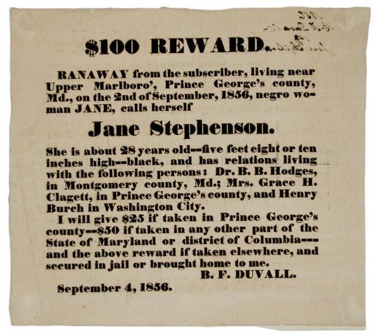 Appraisal: FUGITIVE SLAVE BROADSIDE Reward Ranaway from the subscriber living near