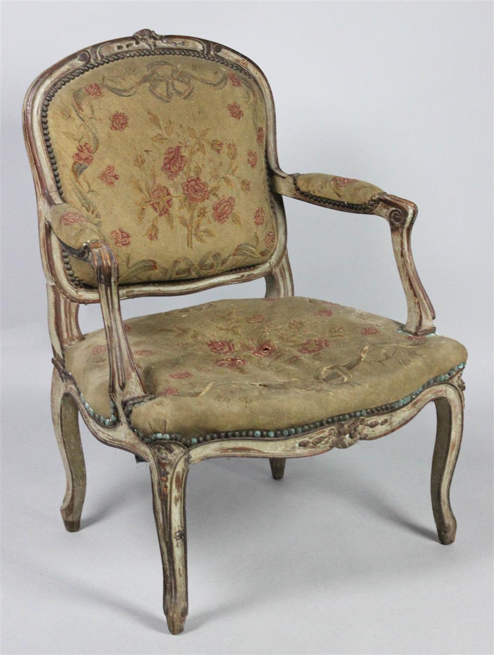 Appraisal: LOUIS XV STYLE FAUTEUIL WITH FLORAL NEEDLEPOINT UPHOLSTERY having a