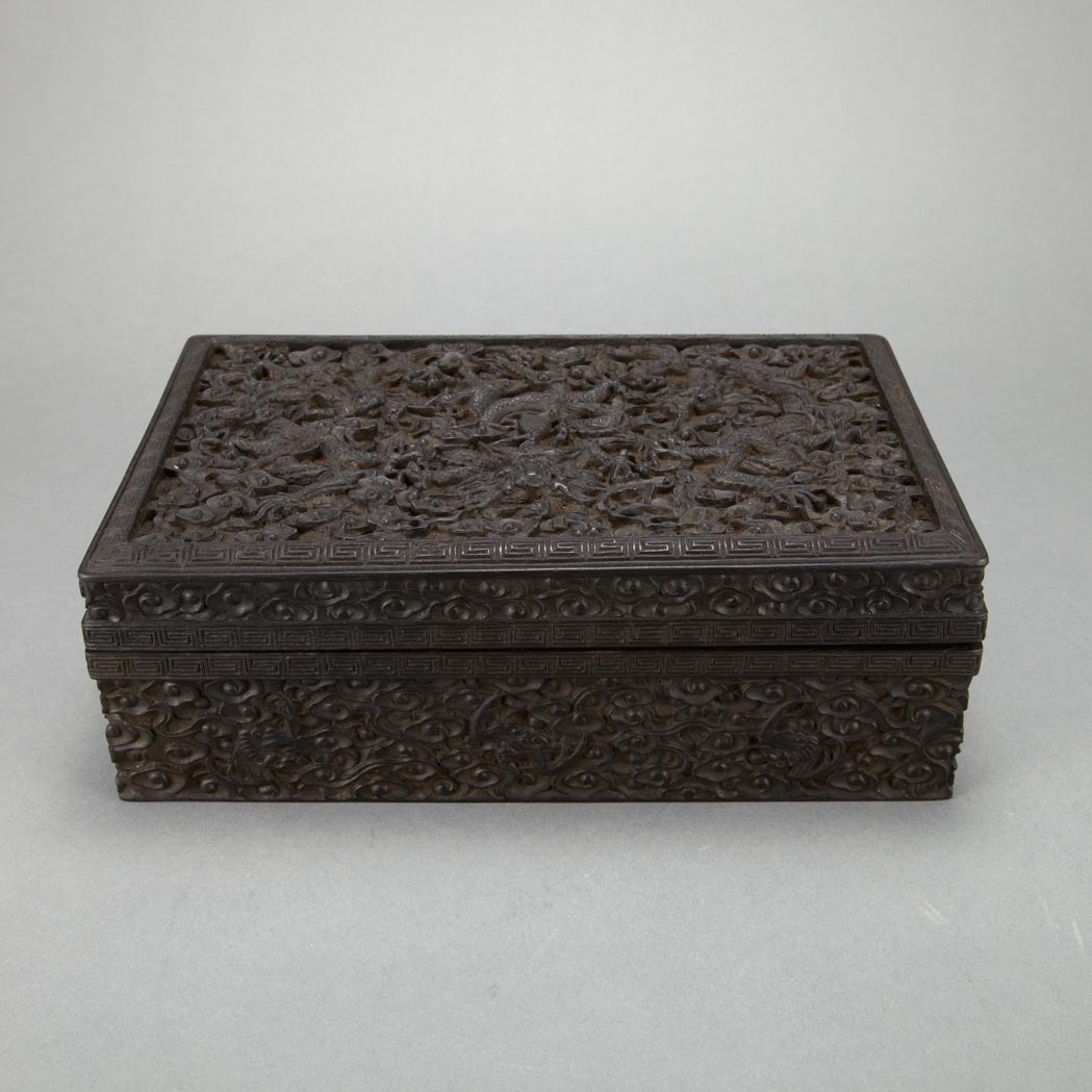 Appraisal: Chinese Zitan Box Of densely carved rectangular form the lid