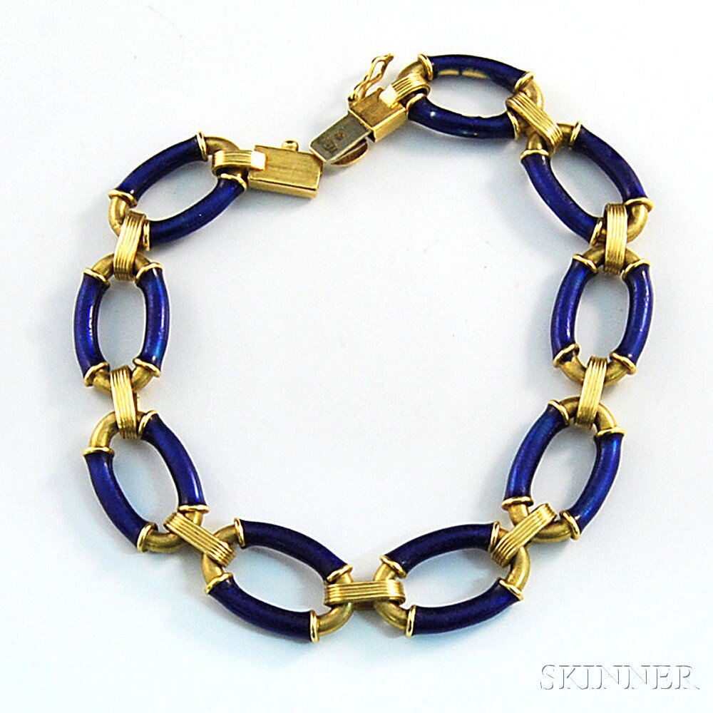 Appraisal: kt Gold and Royal Blue Enamel Bracelet the oval links