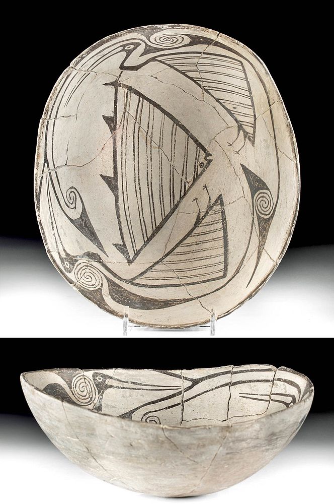 Appraisal: Mimbres Black on White Pottery Bowl w Fish Birds Native