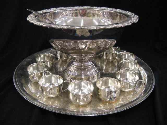 Appraisal: Silverplate Punch Set includes '' bowl '' tray cups ladle