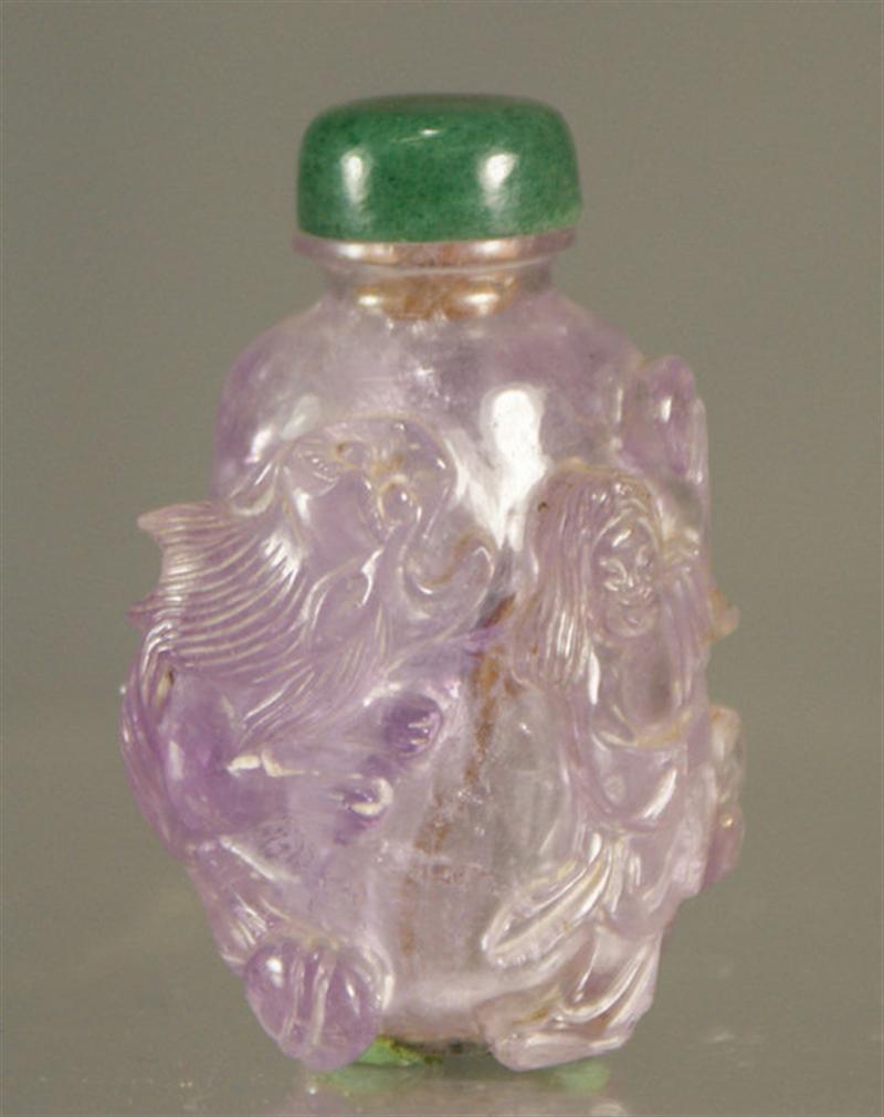 Appraisal: carved amethyst snuff bottle with foo dog figural decoration green