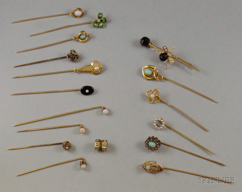 Appraisal: Gold Onyx and Seed Pearl Insect Bar Pin and Fourteen