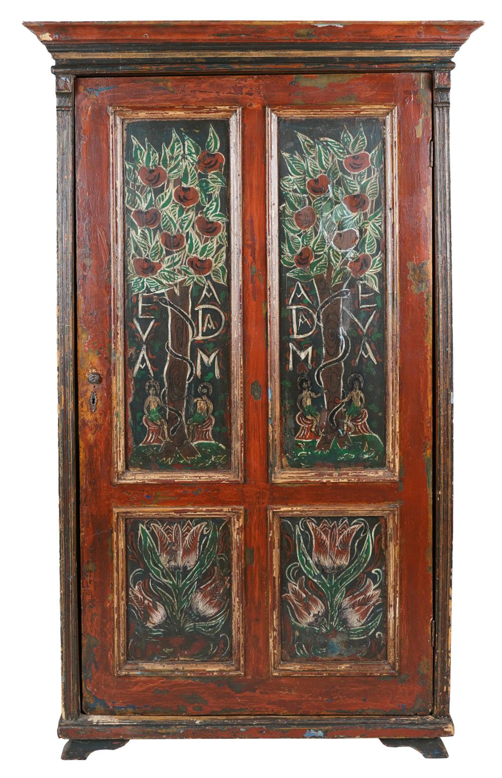 Appraisal: PAINTED PINE CABINETthe single door decorated to upper panels with