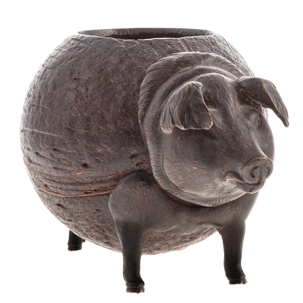 Appraisal: Continental Bronze Mounted Coconut Pig th century hollowed out coconut