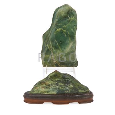 Appraisal: CHINESE SPINACH JADE MOUNTAINS Two one mounted on wood base