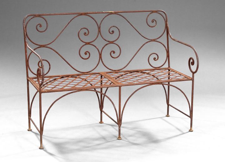 Appraisal: Early Victorian-Style Wrought-Iron Garden Bench the rounded rectangular back with