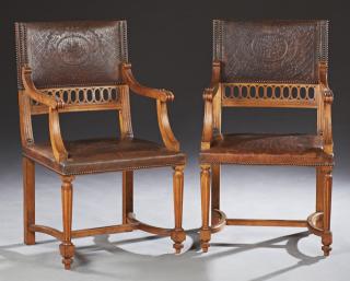 Appraisal: Pair of Henri II Carved Oak Louis XVI Style Fauteu