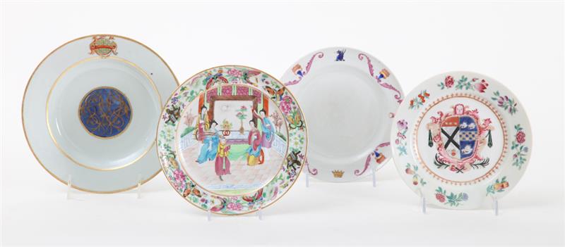 Appraisal: FOUR CHINESE EXPORT ARMORIAL PORCELAIN PLATES Comprising one with arms