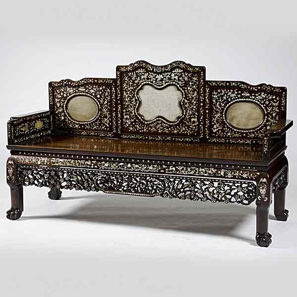 Appraisal: Chinese Export Mother-of-Pearl Inlaid Bench Chinese A bench in rosewood