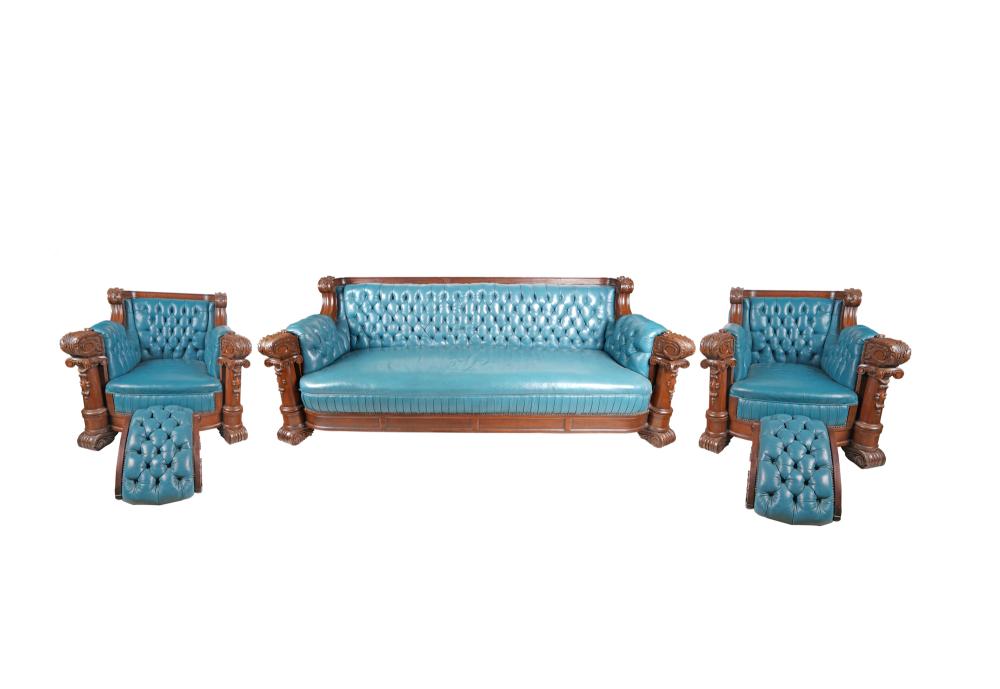 Appraisal: RENNAISANCE REVIVAL STYLE SALON SUITEcarved wood blue leather comprising two