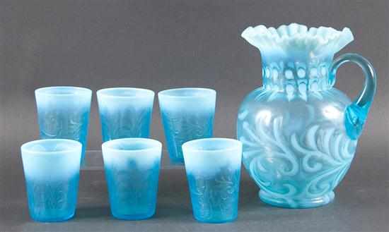 Appraisal: American blue opalescent glass cold drink set comprising pitcher and