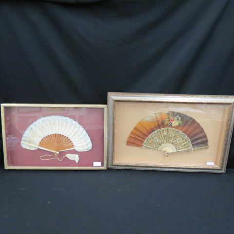 Appraisal: Handpainted Fans each in shadowbox framesone depicts figures in the