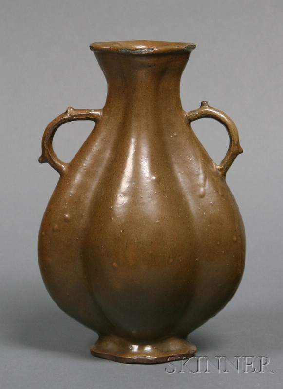 Appraisal: Stoneware Vase China th century lobated pear shape with handles