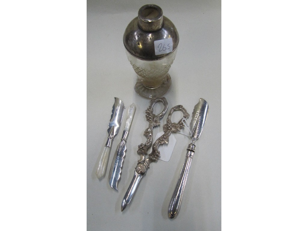 Appraisal: Lot comprising silver mounted scent bottle no stopper grape scissors