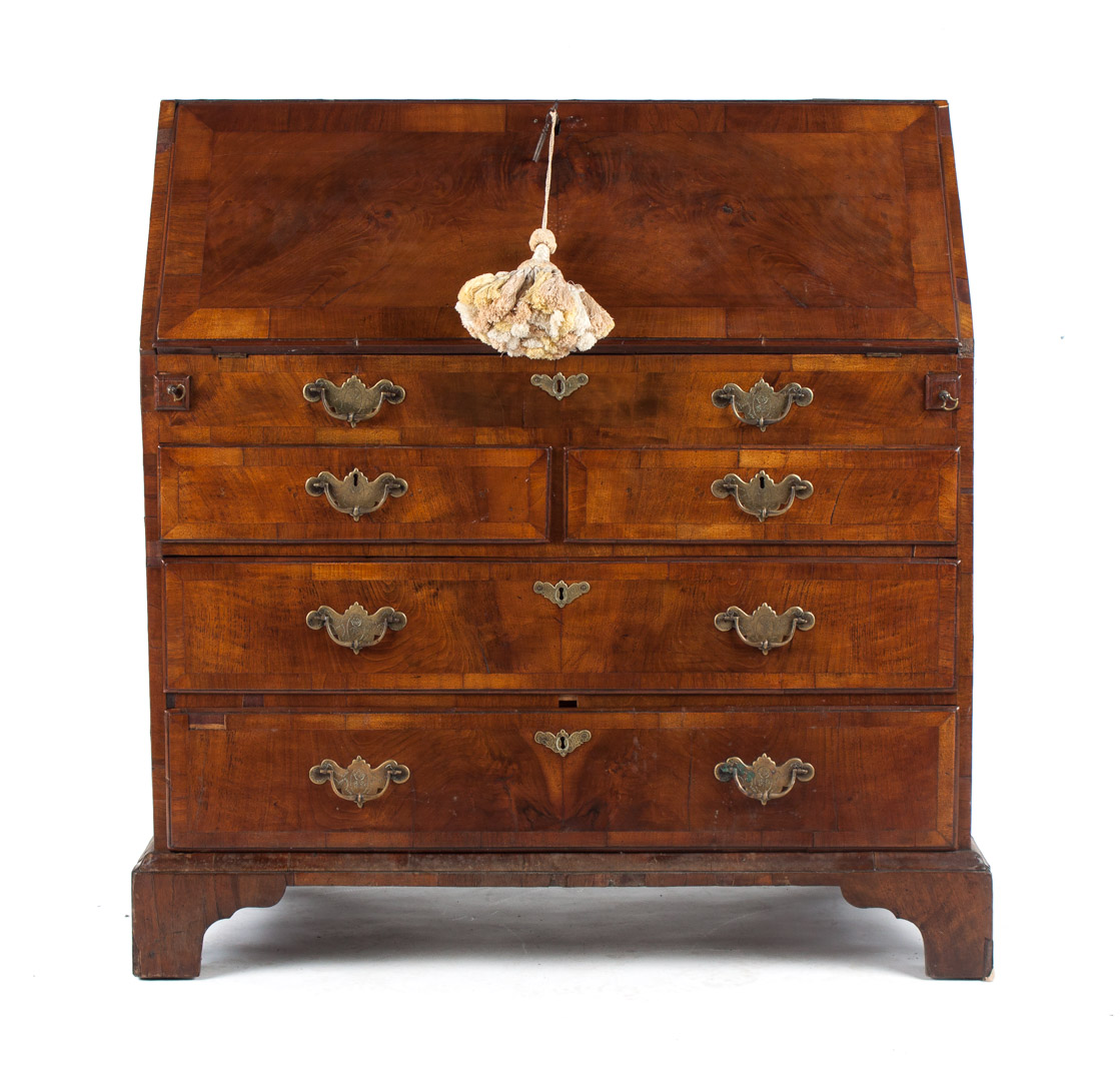 Appraisal: George III burl walnut slant-front desk late th century flat