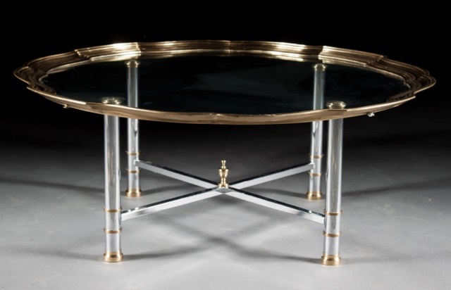 Appraisal: Brass chrome and glass coffee table shaped glass top with