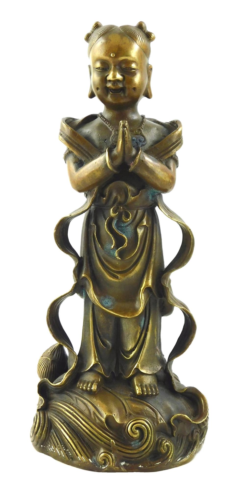 Appraisal: ASIAN BRONZE BRASS FIGURE OF A STANDING ACOLYTE CHINESE TH