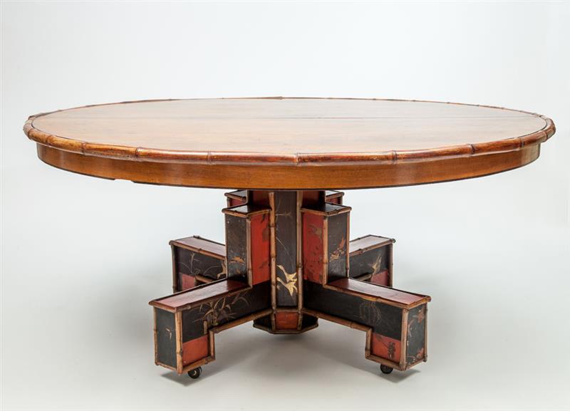 Appraisal: Modern Bamboo-Mounted Walnut Black and Red Lacquer Dining Table Designed