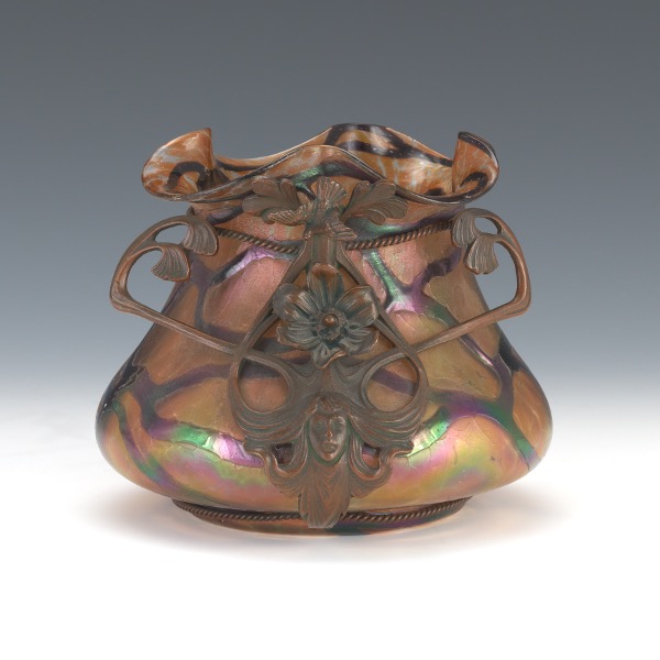 Appraisal: ART NOUVEAU LOETZ OIL SPOT BRONZE MOUNTED VASE x Iridescent