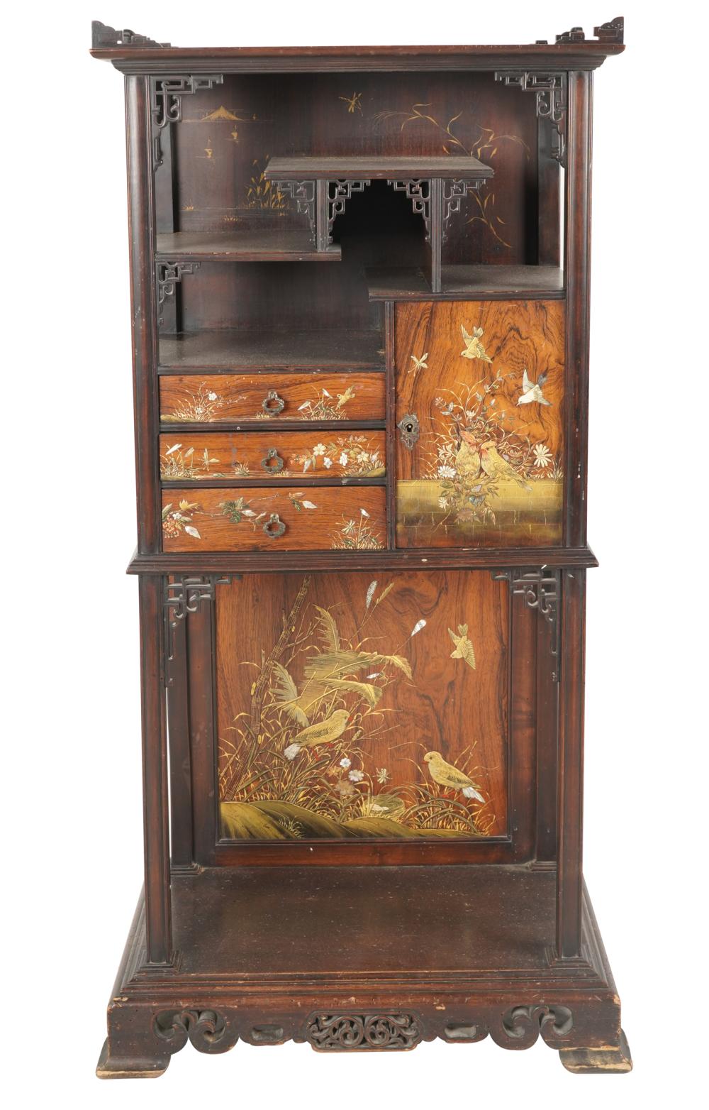 Appraisal: JAPANESE INLAID LACQUERED ETAGEREhaving one hinged door and three drawers