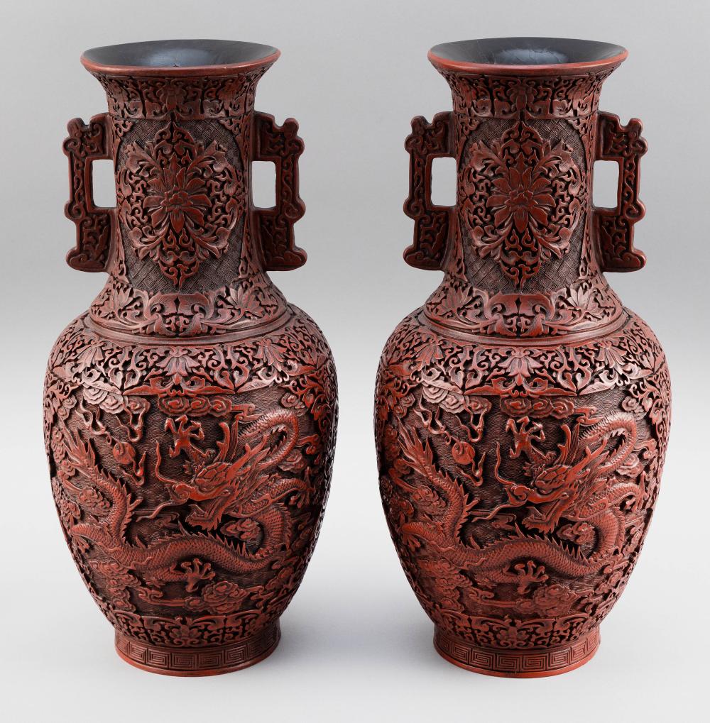 Appraisal: PAIR OF CHINESE RED CINNABAR AND LACQUER VASES TH CENTURY