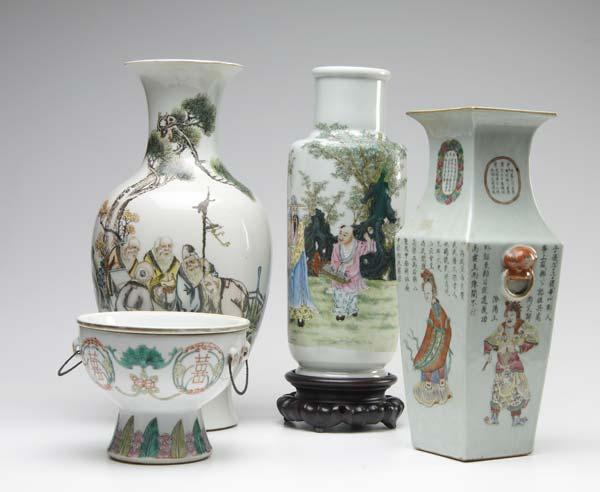 Appraisal: CHINESE PORCELAIN Three vases one with wooden stand and a