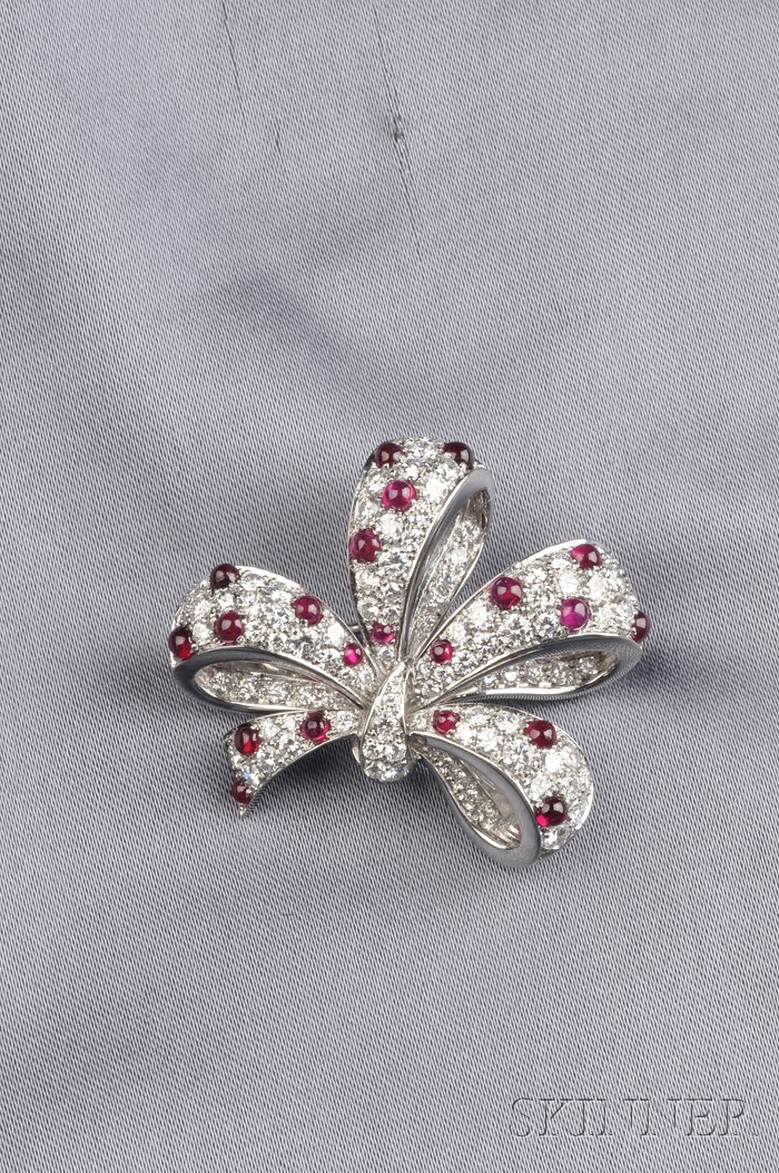 Appraisal: Platinum Ruby and Diamond Bow Brooch Tiffany Co set with