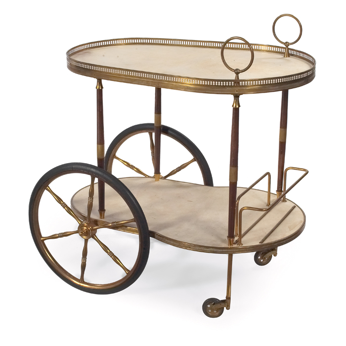 Appraisal: Aldo Tura bar cart Italy parchment overwood brass and rubber