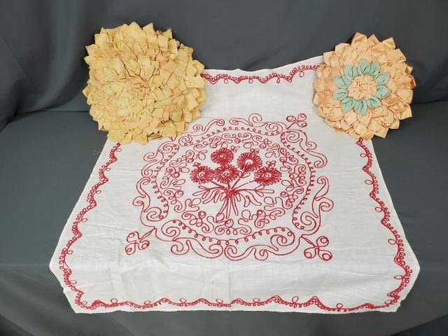 Appraisal: Includes two ribbon pillows The silk peach and pink pillow