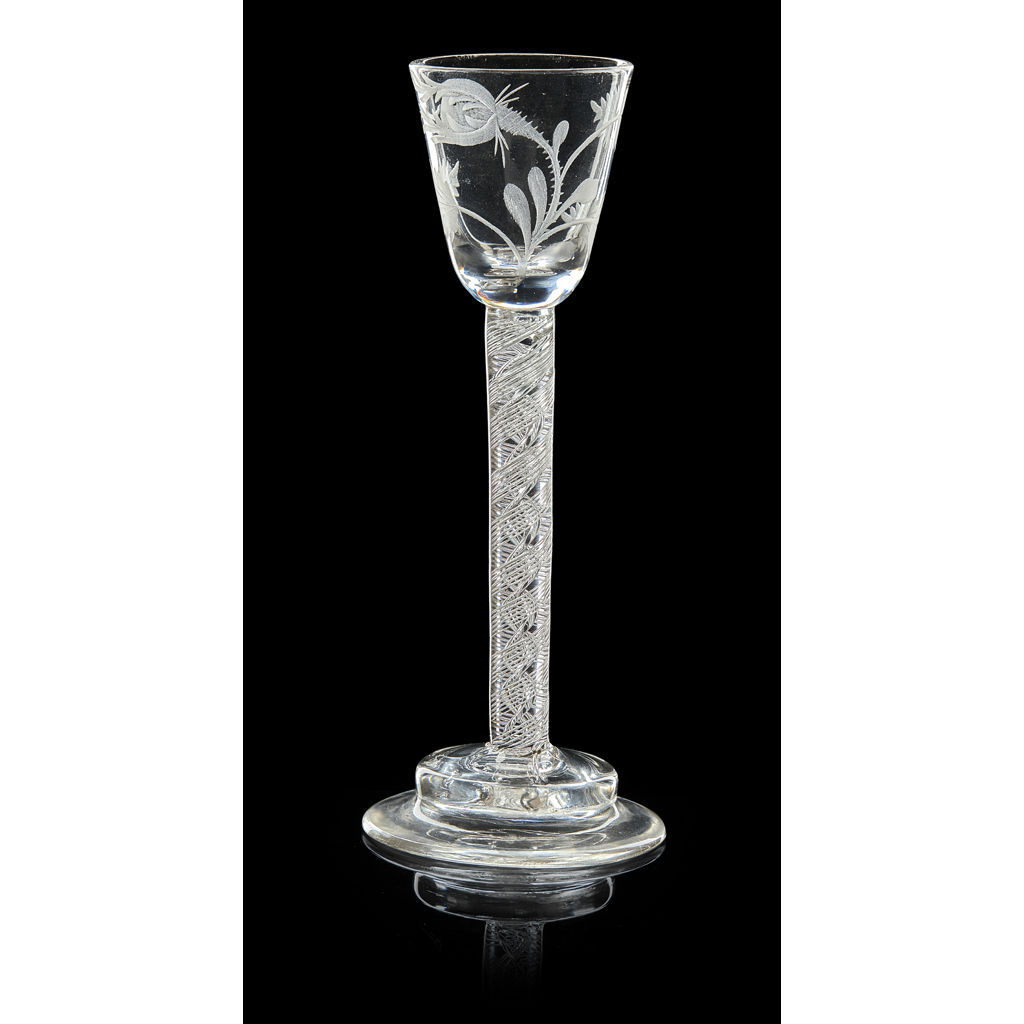 Appraisal: AN ENGRAVED JACOBITE WINE GLASS TH CENTURY the bucket bowl