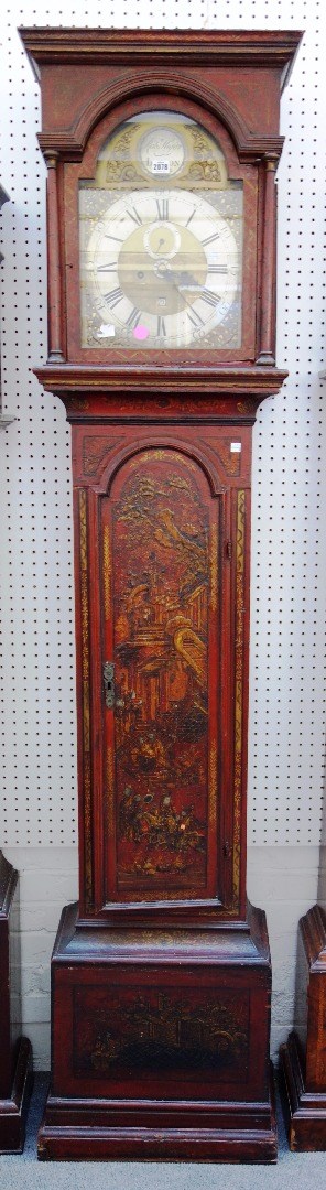 Appraisal: An th century scarlet Japanned eight day longcase clock the