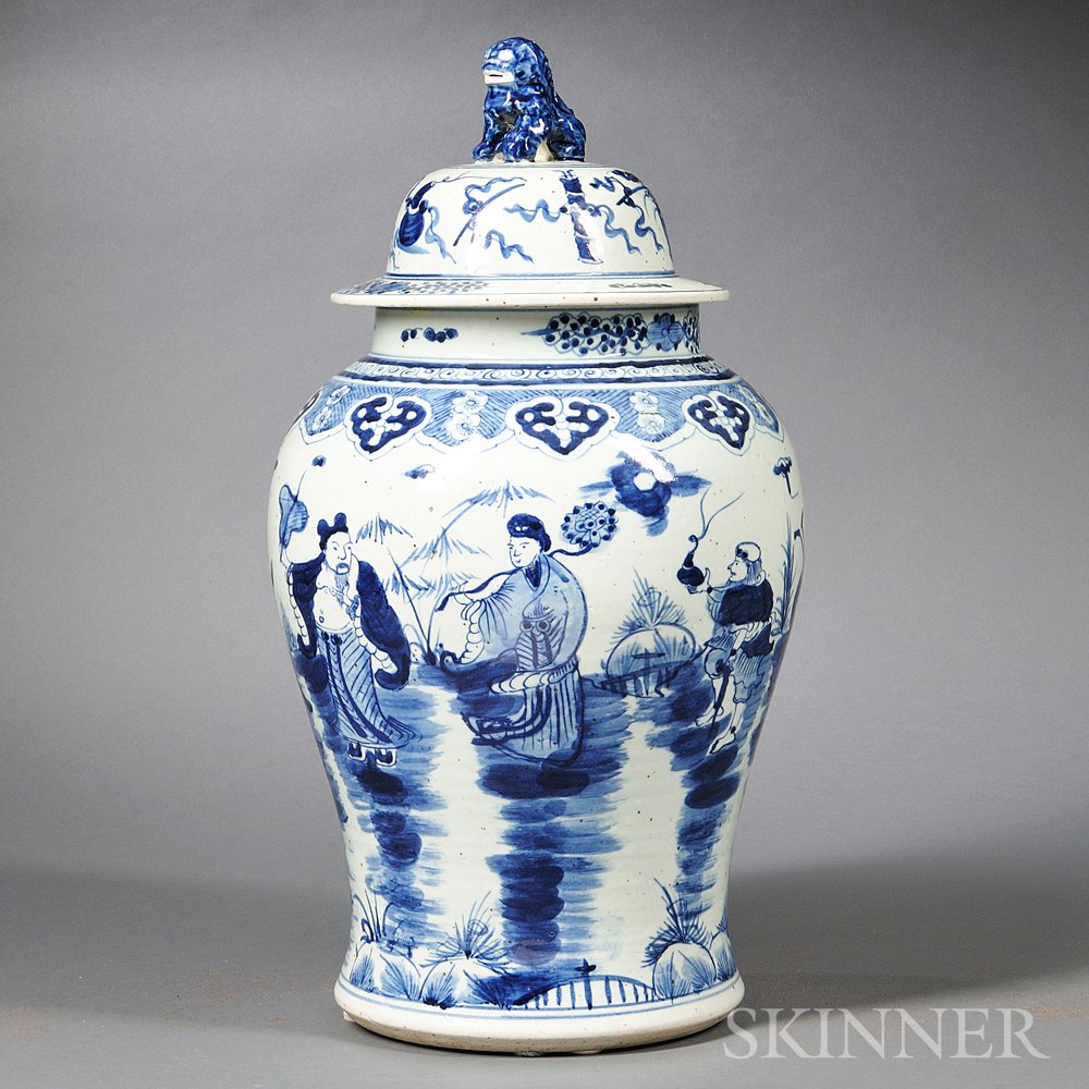 Appraisal: Chinese Blue and White Covered Jar th th century baluster-form