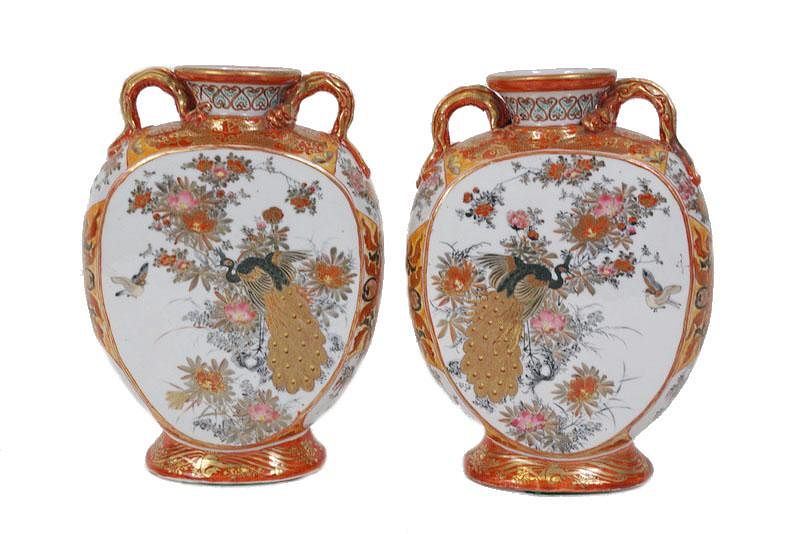 Appraisal: Pair Japanese Hand Painted Porcelain Bird Vases Pair Japanese Hand