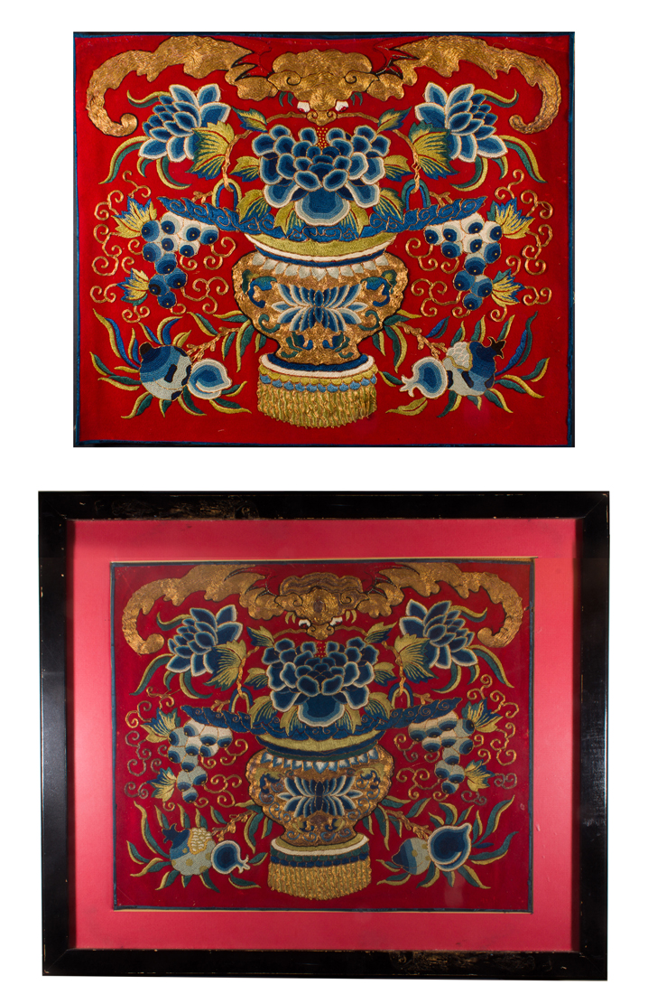 Appraisal: PAIR OF CHINESE EMBROIDERED PANELS Pair of Chinese embroidered red-ground