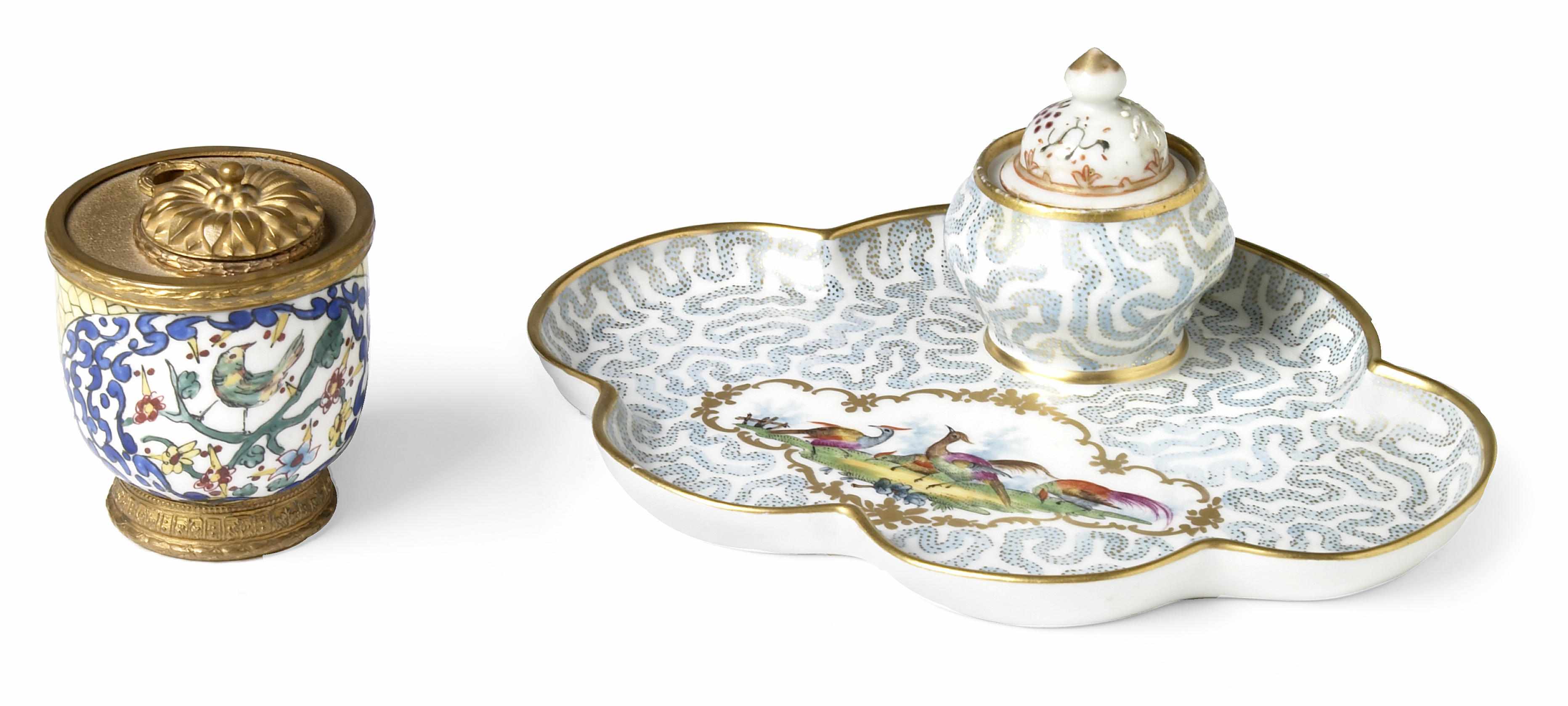 Appraisal: A Chelsea style porcelain inkstand and a gilt bronze mounted