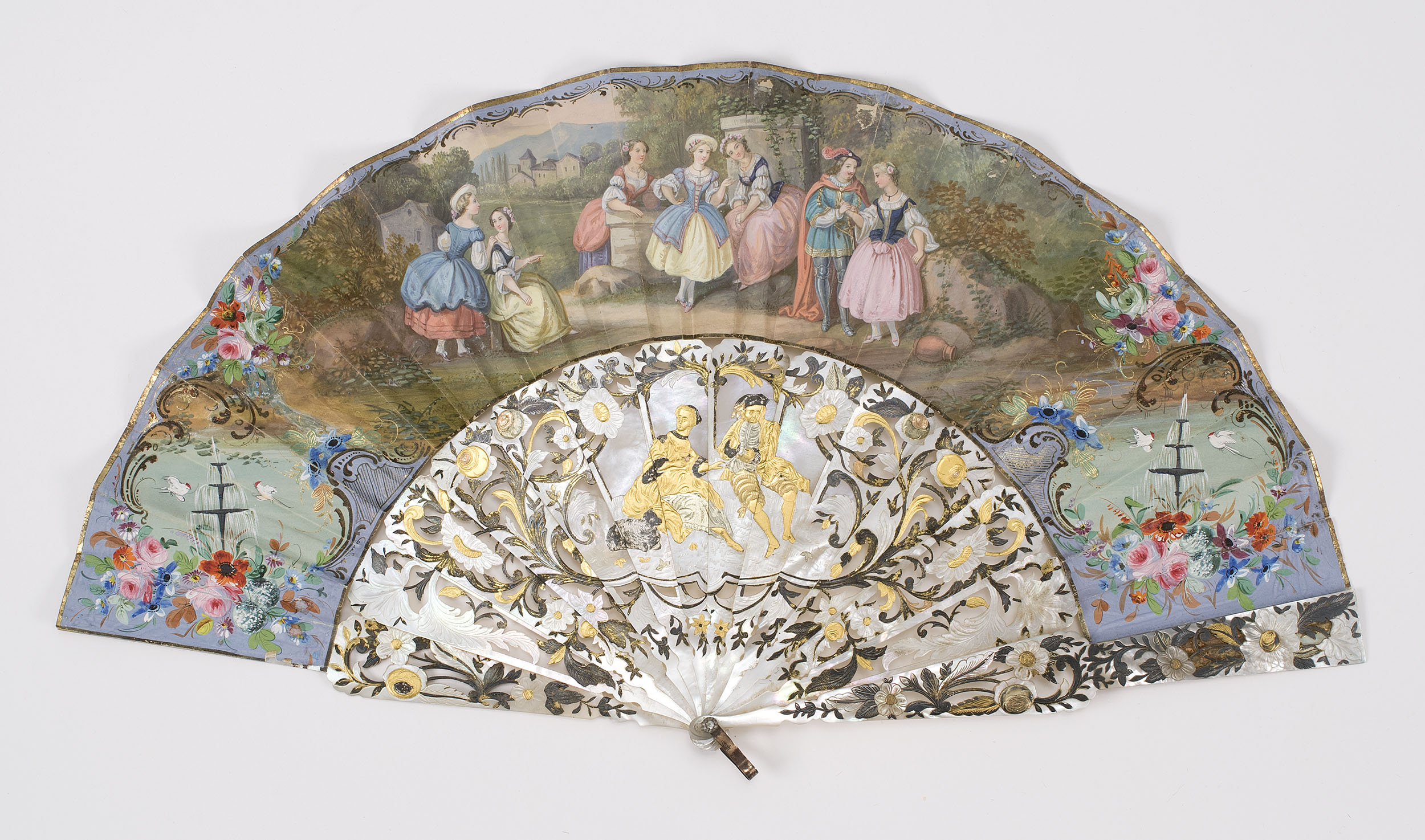 Appraisal: DOUBLE-SIDED PAPER AND MOTHER-OF-PEARL FOLDING FAN Late th CenturyLeaf with